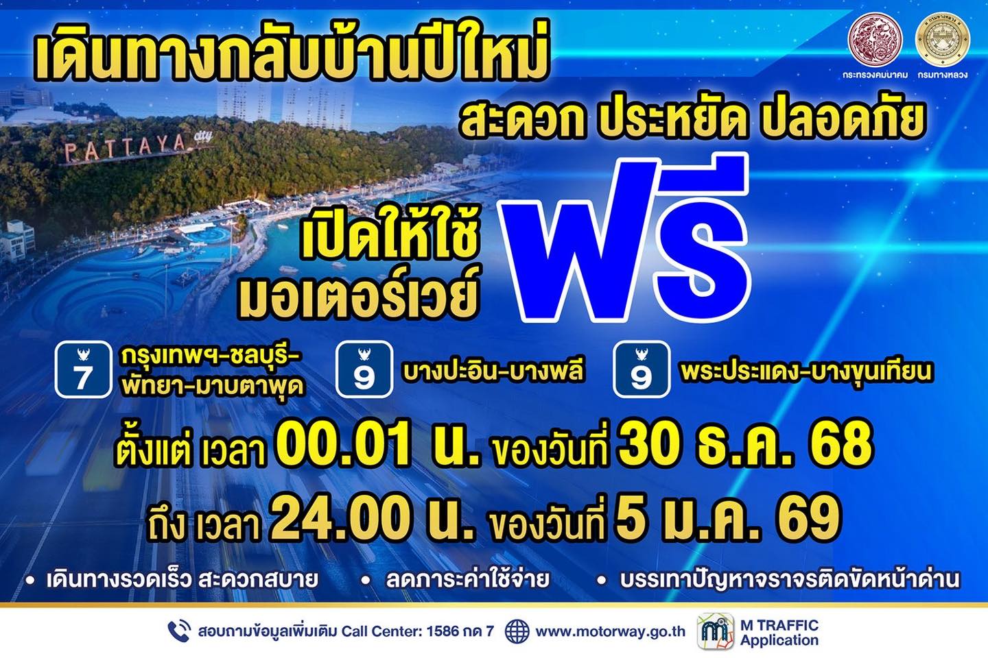 ของขวัญปีใหม่ 2569! กรมทางหลวงประกาศยกเว้นค่าผ่านทางมอเตอร์เวย์ M7 และ M9 ยาว 7 วันรวด